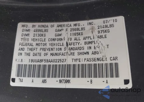 2010 Acura Tl 3.5 из США, поврежденный, VIN 19UUA8F59AA022527